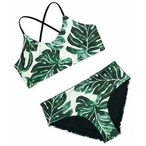 Lagoon Designs Reversible Two Piece Swimsuit Black Green Tropical Palm L NWT